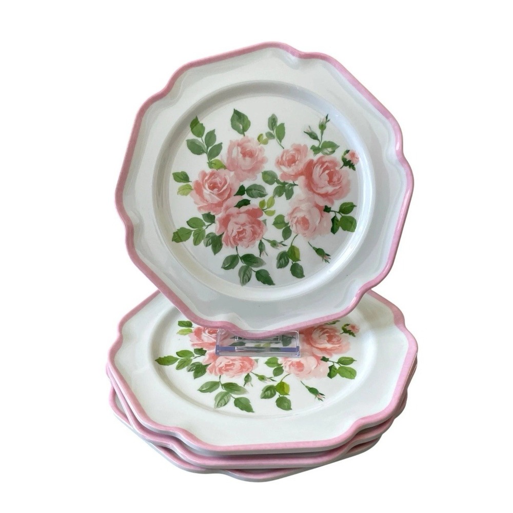 Laura Ashley Pink Rose Floral Melamine Salad Plates 8.5" Scalloped Set of 4‎ NEW